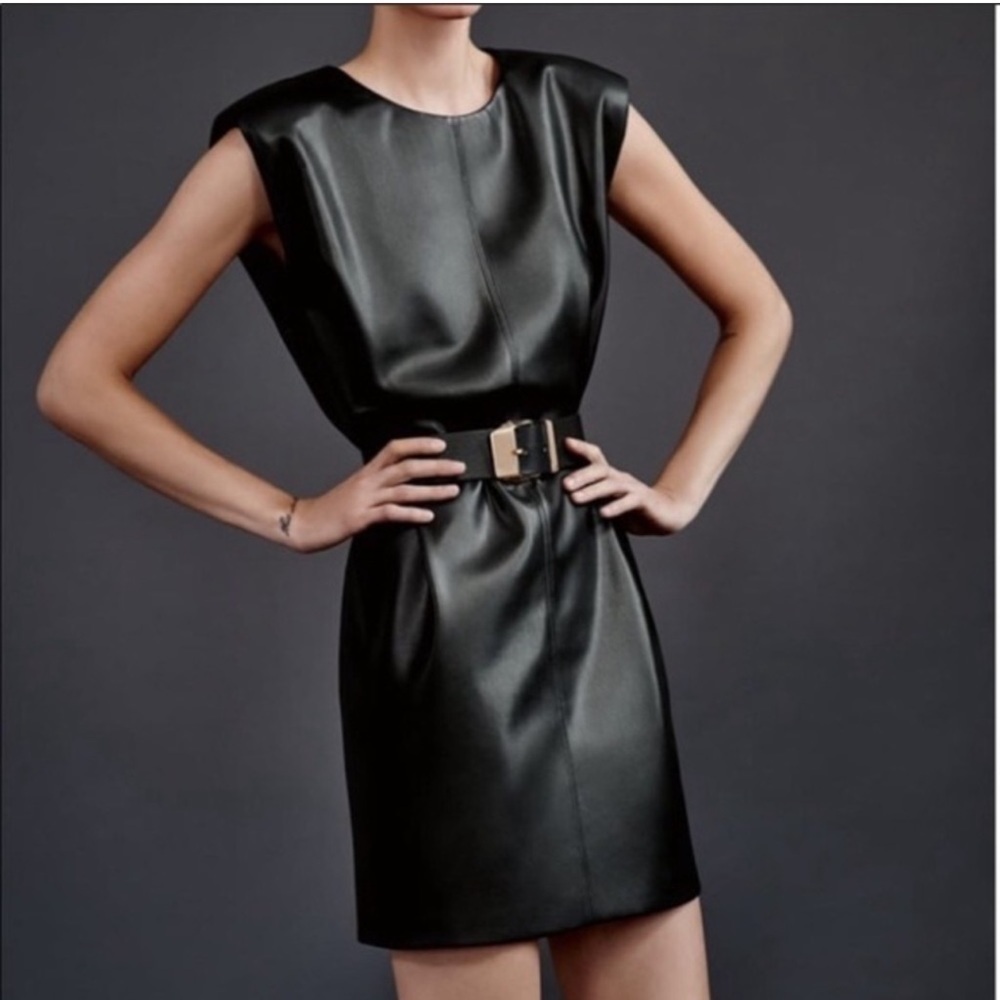 NWT Zara Black Faux Leather Mini Dress XS Office Siren Goth